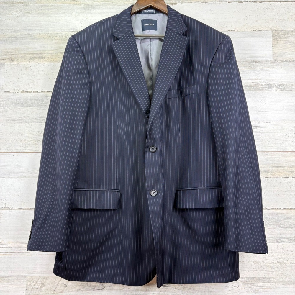 Nautica Men's Pinstripe Navy Blue 100% Wool Blazer Suit Jacket 50L Made in India - Picture 2 of 15